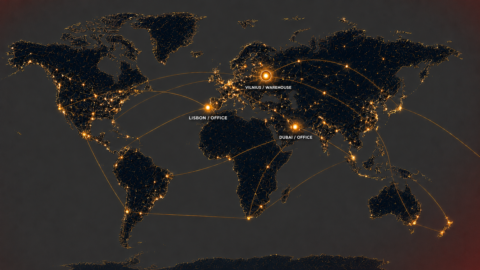 IEVA & Co. global network — Vilnius warehouse, Lisbon and Dubai offices serving 45+ markets